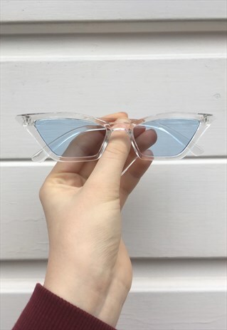 WOMENS VINTAGE STYLE 90S CLEAR BLUE THIN POINTY SUNGLASSES