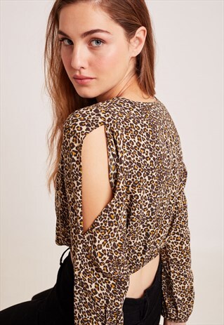V-NECK BLOUSE - BROWN AND BEIGE LEOPARD PATTERN
