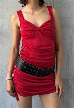 Vintage Y2K 00's Red Sleeveless Fitted Corset Tie Mini Dress