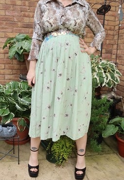 Vintage 90s Green Cottage Floral Flower Festival Midi Skirt
