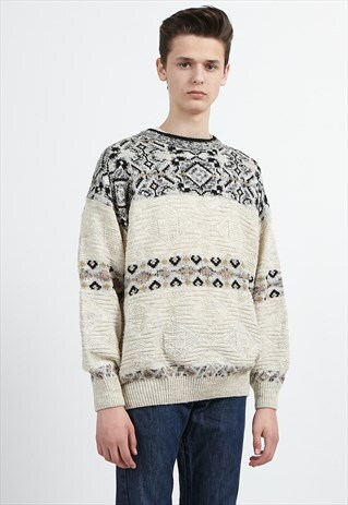 VINTAGE BEIGE BLACK ROUND NECK KNIT JUMPER SWEATER