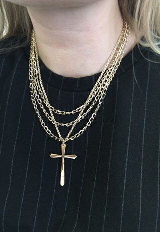 1990S GOLD PLATED MULTICHAIN NECKLACE WITH LARGE CROSS SET