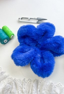 Blue Faux Fur Oversize Flower Scrunchie