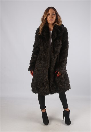VINTAGE FAUX FUR COAT JACKET MID LONG UK 12 MEDIUM (HBJ)