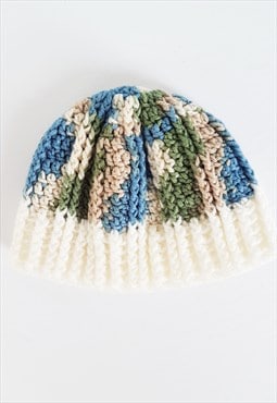 Vintage White and Blue Handknit Wool Winter Hat