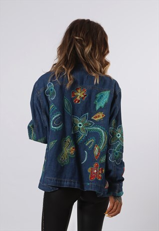DENIM JACKET EMBROIDERED OVERSIZED LINED UK 16 (D73T)