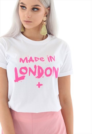 100HM WOMENS TSHIRT WHITE WITH PINK MADE IN LONDON PRINT
