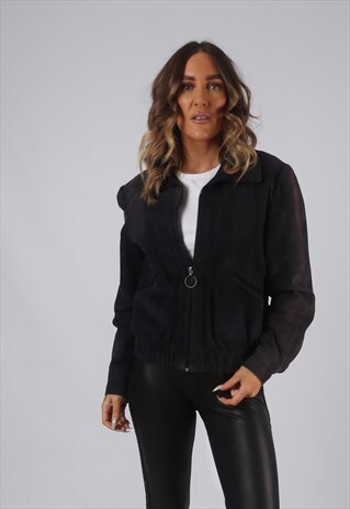 VINTAGE SUEDE LEATHER BOMBER JACKET BLUE UK 10 - 12 (9XAA)
