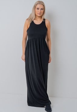 Vintage Womens Black Jersey Maxi Pockets Dress SMALL UK 8 10