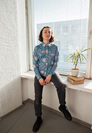 VINTAGE 70'S BLUE/PURPLE FLORAL PRINT BOHEMIAN SHIRT