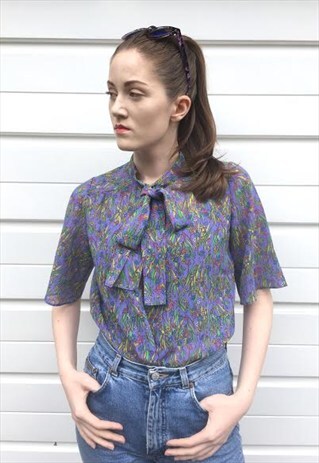WOMENS VINTAGE 80S BUTTON UP PUSSYCAT BOW BLOUSE FLORAL