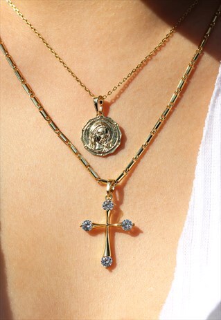 CUBIC ZIRCONIA CROSS NECKLACE GOLD PLATED