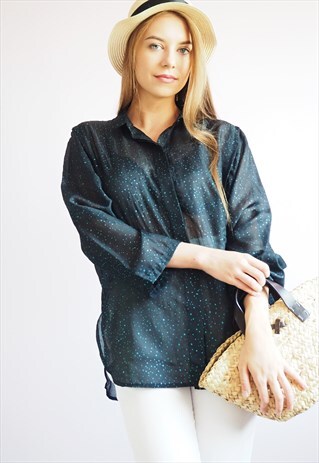 VINTAGE 80S SPARKLING TRANSPARENT OVERSIZE SHIRT IN BLACK