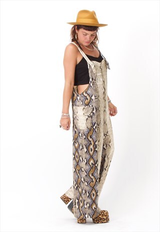 SNAKE PRINT WIDE LEG DUNGAREES WITH SIDE POCKETS