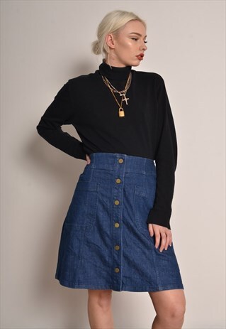 VINTAGE A LINE BUTTON THROUGH DENIM MIDI SKIRT IN DARK BLUE