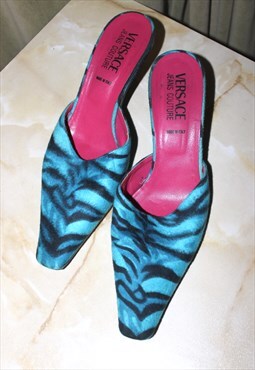 Rare Vintage 90s Zebra Print Velour Pointy Sling Back Heels