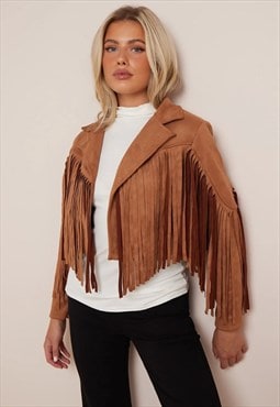 justyouroutfit Brown Suede Fringe Cropped Jacket