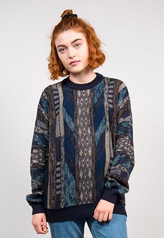 90'S VINTAGE NAVY PATTERNED GRUNGE KNIT JUMPER