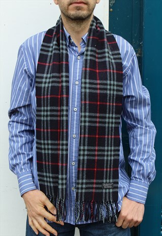 VINTAGE SCARF LAMBSWOOL 90S NOVA CHECKED-NAVY