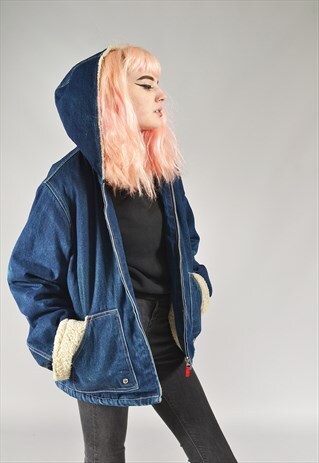 VINTAGE SHERPA LINED HOODED DENIM JACKET