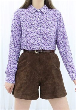 90s Vintage Purple Multicoloured Floral Collared Shirt