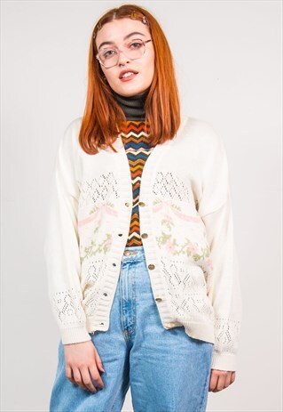 VINTAGE 90'S KNIT WHITE FLORAL PATTERN CARDIGAN