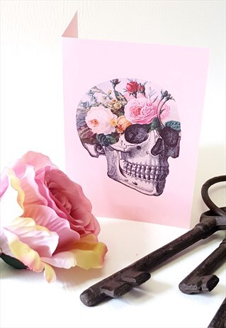 GARDEN FLORAL SKULL BLANK GREETING CARD PINK VALENTINES DAY