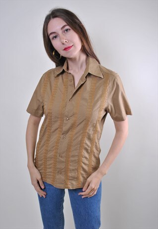 WOMAN VINTAGE BROWN SHORT SLEEVE CASUAL SHIRT
