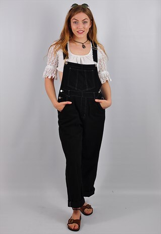 VINTAGE 90S BLACK DENIM LONG DUNGAREES OVERALLS