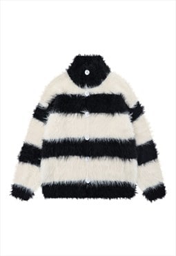 Fluffy cardigan fleece jumper long hair striped pullover 