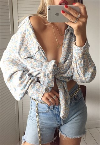 VINTAGE 60S PASTEL BLUE FLORAL COTTON SHIRT