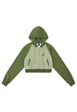 CROPPED STRIPE HOODIE ZIGZAG PULLOVER RETRO PRINT TOP GREEN