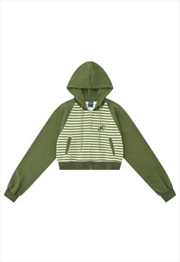 Cropped stripe hoodie zigzag pullover retro print top green