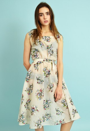 ELEGANT 70'S RETRO FLORAL PRINT SHEER FLARE MIDI DRESS
