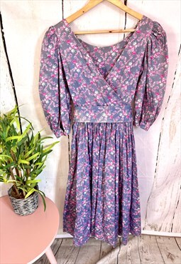 Vintage Purple Floral Cottagecore 70's Belted Midi Dress