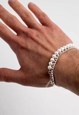 54 Floral Faux Pearl Bead Ball Bracelet - White/Silver