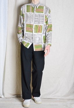 Vintage 90s Beige Green Abstract Long Sleeve Mens Shirt