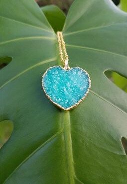 Green Heart Druzy Gemstone Pendant Gold Chain Necklace