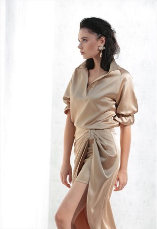 PARMA SKIRT-A LINE WRAP MIDI SKIRT IN BEIGE BLUE