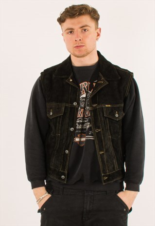 VINTAGE 90S BLACK DIESEL SUEDE LEATHER GILET JACKET MEDIUM