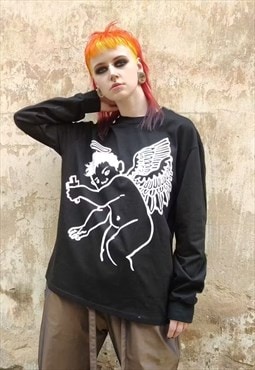 Angel print sweatshirt religious kinky saint thin top black