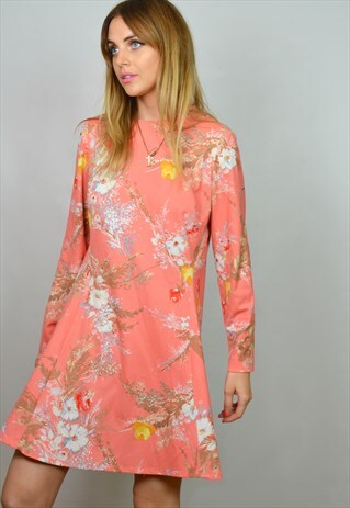 VINTAGE 70S SALMON PINK FLORAL LONG SLEEVED MINI DRESS