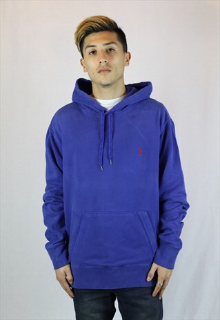 MENS VINTAGE RALPH LAUREN HOODIE JUMPER LARGE BLUE 90'S