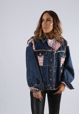 VINTAGE DENIM JACKET STRIPED OVERSIZED FITTED UK L 14 (GJ2W