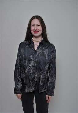 Vintage black blouse with flowers embroidery in women large 