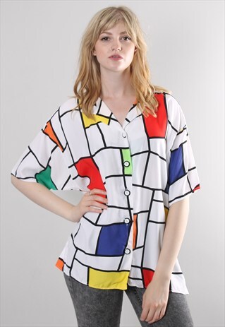 VINTAGE 80S GEOMETRIC PATTERNED BLOUSE SHIRT TOP