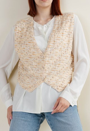 VINTAGE 90S V-NECK BEADED COTTON WOMEN VEST IN CREAM M