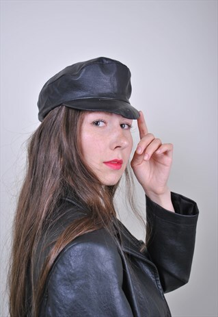 VINTAGE LEATHER NEWSBOY CAP, WOMEN BLACK SEXY BERET