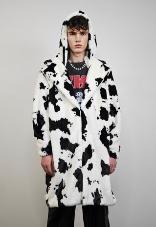 COW PRINT COAT HOODED FAUX FUR SPOT PATTERN TRENCH ANIMAL 