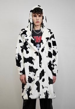 Cow print coat hooded faux fur spot pattern trench animal 